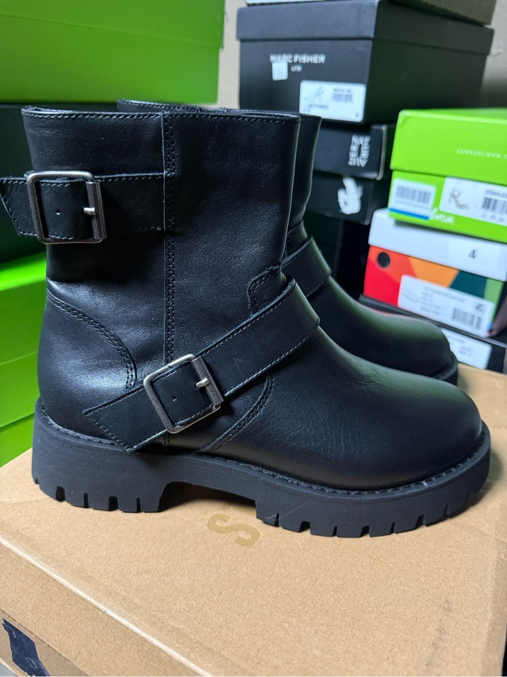 ◾️Steve Madden Crusader Black Leather Buckle Moto Boots - Women's 6